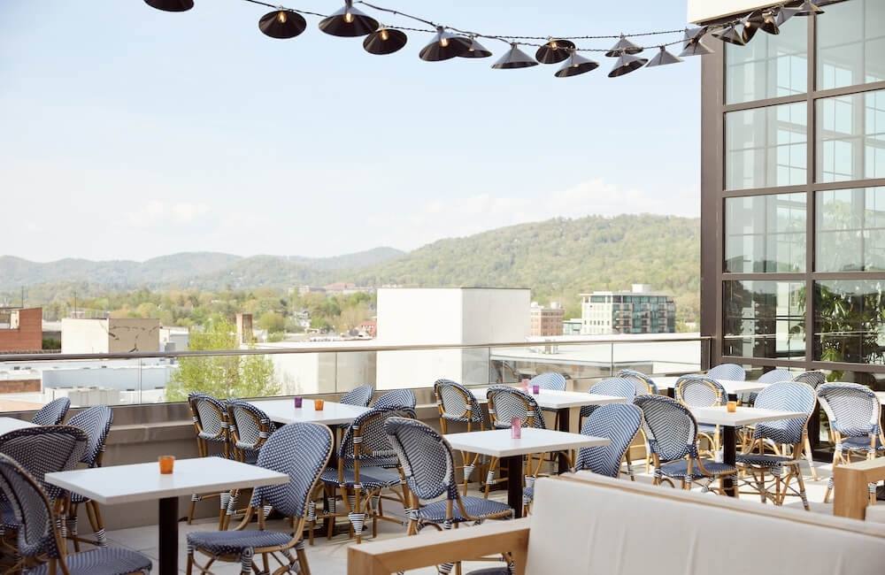 Rooftop view of The Restoration overlooking downtown Asheville. 